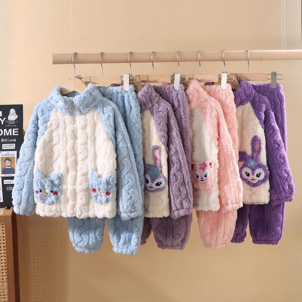 Kids' Thick Fleece Pajama Set, Autumn/Winter Style, Double-Sided Fleece, Zip Closure, Coral Fleece Homewear for Older Boys and Girls