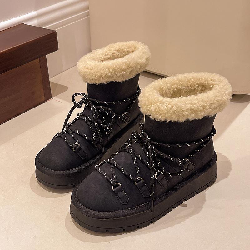 Fur Flats Ankle Snow Boots Winter Warm Plush Mid Heels Leather Shoes Casual Sneakers 2024 Trend Cozy Sport Shoes Fad Botas Mujer
