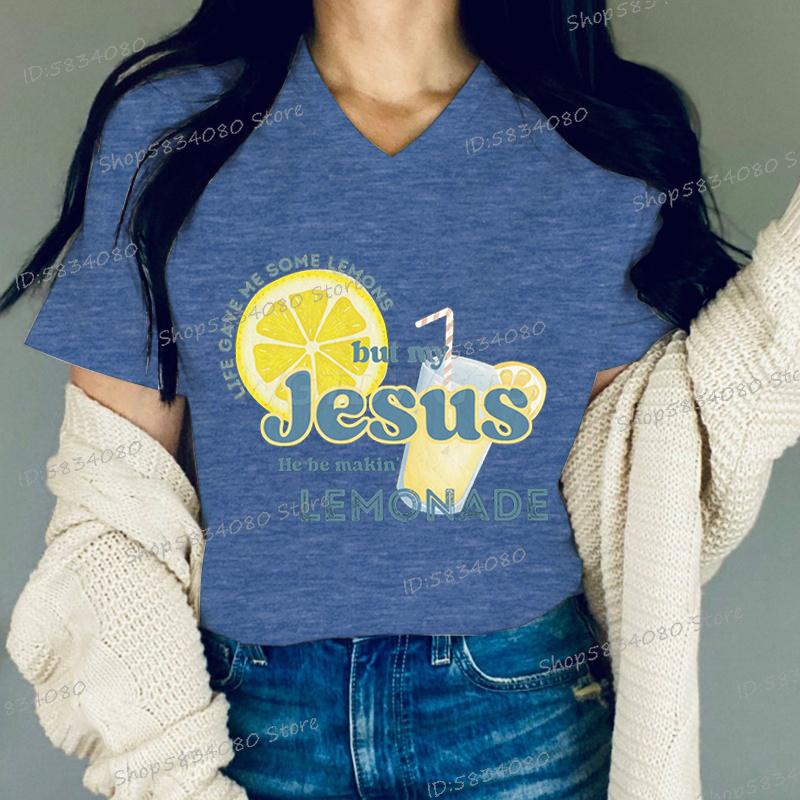 Faith Based TShirt for Unisex Women Gift for Christian Vneck Casual Tops Jesus He Be Makin Lemonade Bible Verse Graphic Tee Top