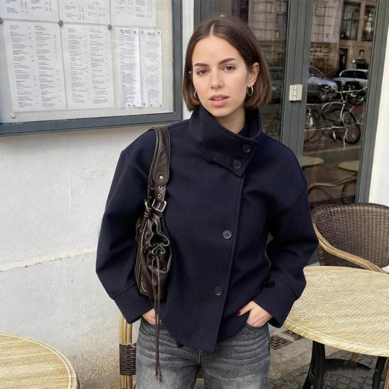 Женское короткое пальто из смесовой шерсти с воротником-стойкой на одной пуговице Повседневный шик Верхняя одежда 2025