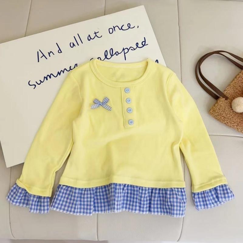 Korean Baby Girls O-Neck Button T-shirts Female Clothing Plaid Fashionable Spliced Spring Autumn Long Sleeve Folds Girls Sweet Bow Pullovers