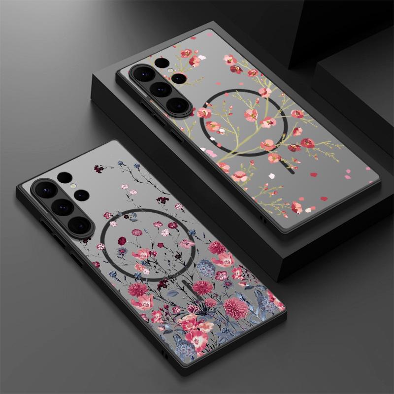 Matte Magnetic Case For Samsung Galaxy S25 S24 S23 Ultra S22 Plus S24 S21 S20 FE For Magsafe Retro Flowers Clear Hard PC Cover
