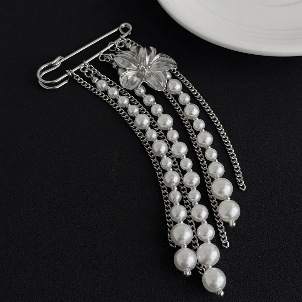 Flower Long Tassel Brooch Pearl Waist Cinching Fixed Pin Exquisite Multi-layer Chains Pin  Women