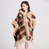 2021 Thicken Warm Faux Fur Collar Cape Loose Long Street Wear Women Short Sleeve Plaid Tassel Poncho Winter Coat With Fur Hat