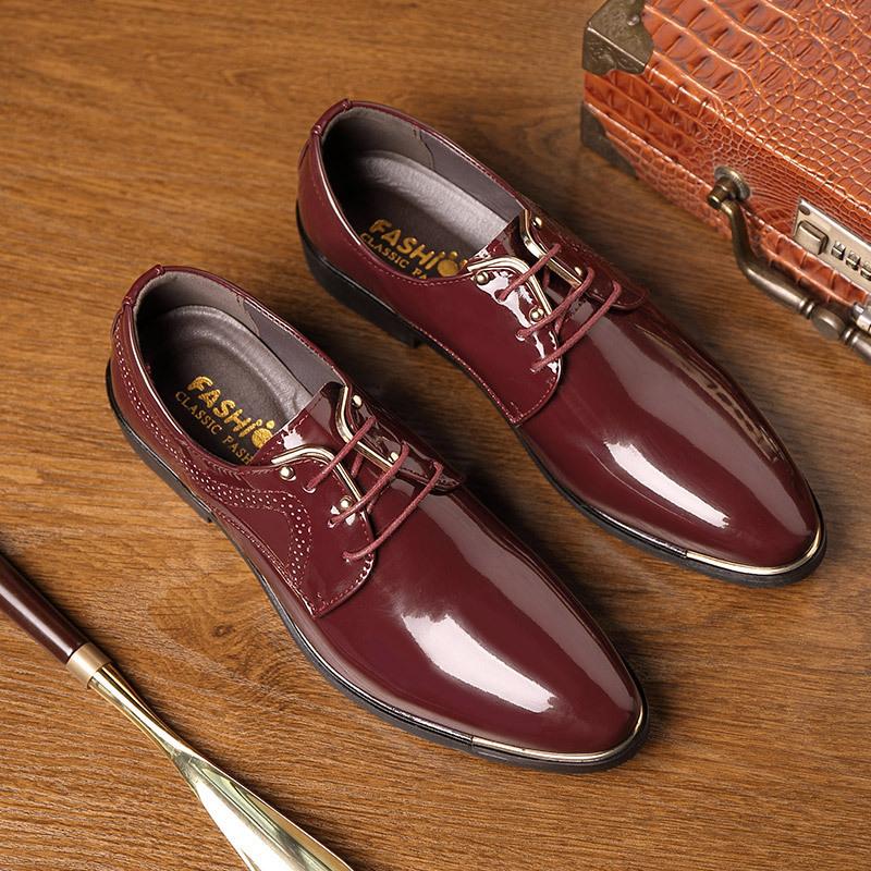 Mens Patent Leather Shoes Men Dress Shoes Lace Up Pointed Toe Wedding Business Party 2 Colors Big Size