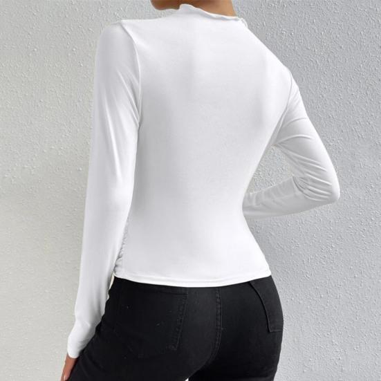 Women Solid Color Bottom Shirt Half High Collar Long Sleeve Bottoming Top Solid Color Slim Fit Pleated Pullover Tops