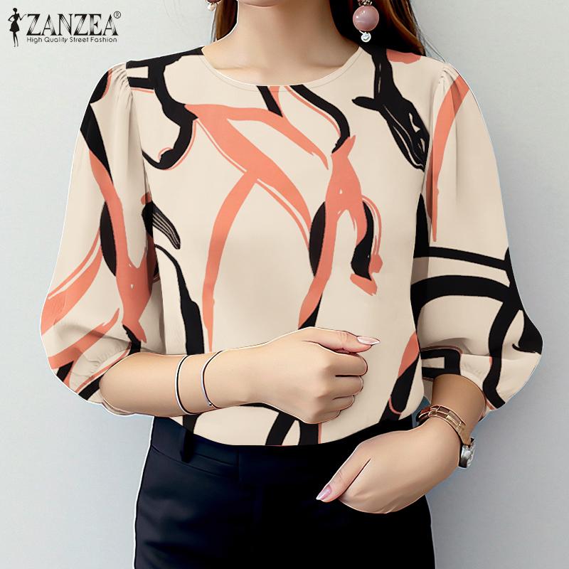 ZANZEA Женская повседневная свободная блузка с круглым вырезом и рукавом 3/4 с принтом