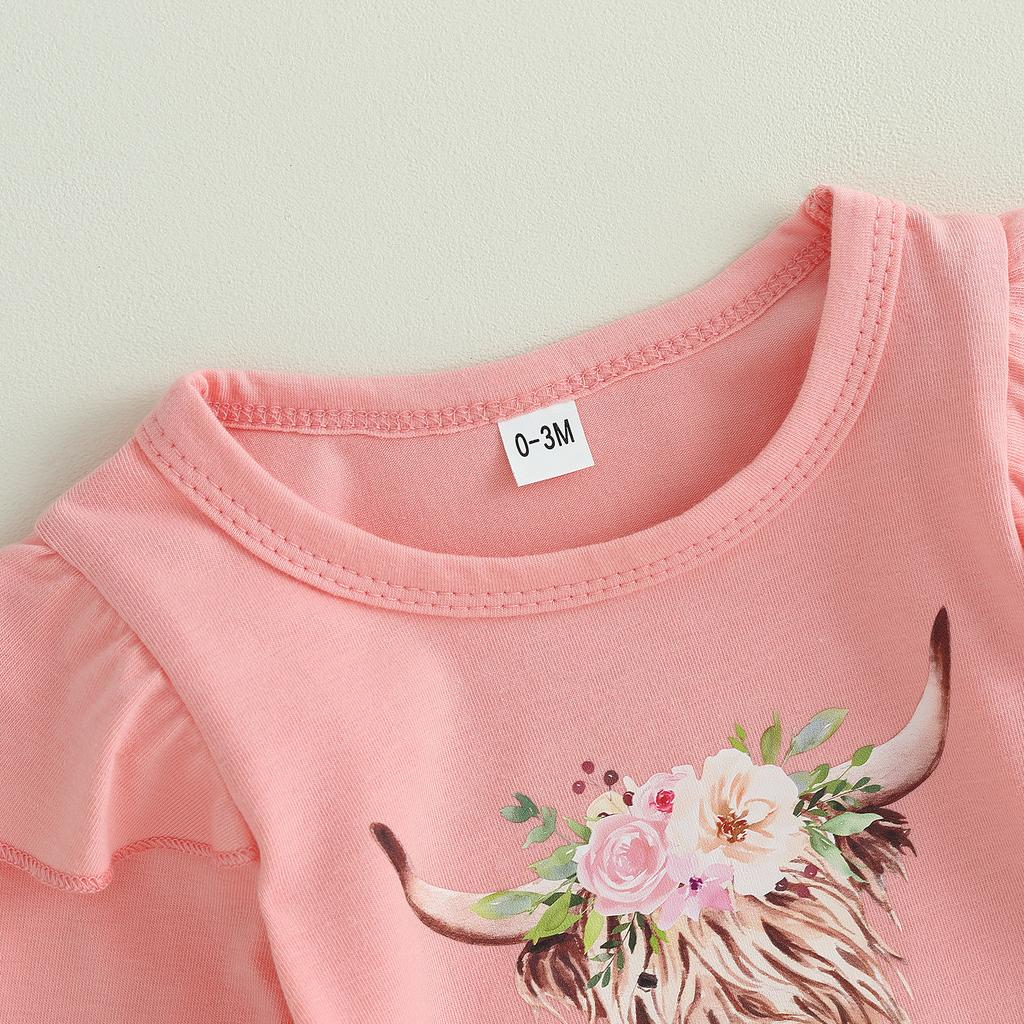 Комплект из 3 предметов для девочек, брюки, розовый комбинезон с длинными рукавами и оборками, расклешенные брюки с принтом головы коровы, комплекты с повязкой на голову