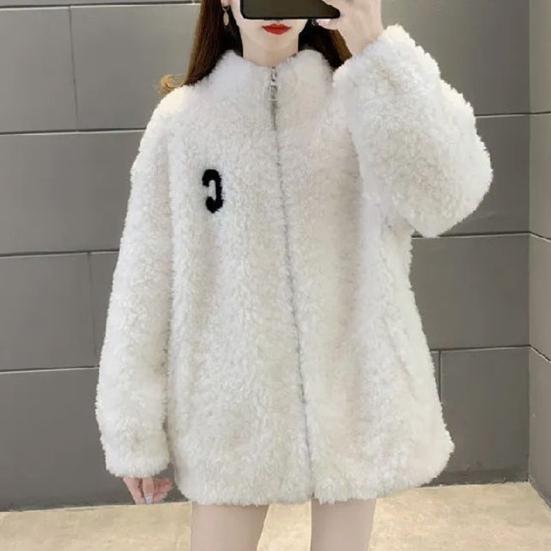 Winter Lady Coat Thickened Double-sided Faux Fleece Solid Color Stand Collar Neck Protection