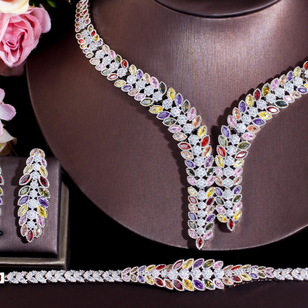 4 шт., цветное ожерелье с крупными листьями и фианитами, белое золото, комплект ювелирных изделий Naija Dubai Bride для свадебного торжества T657