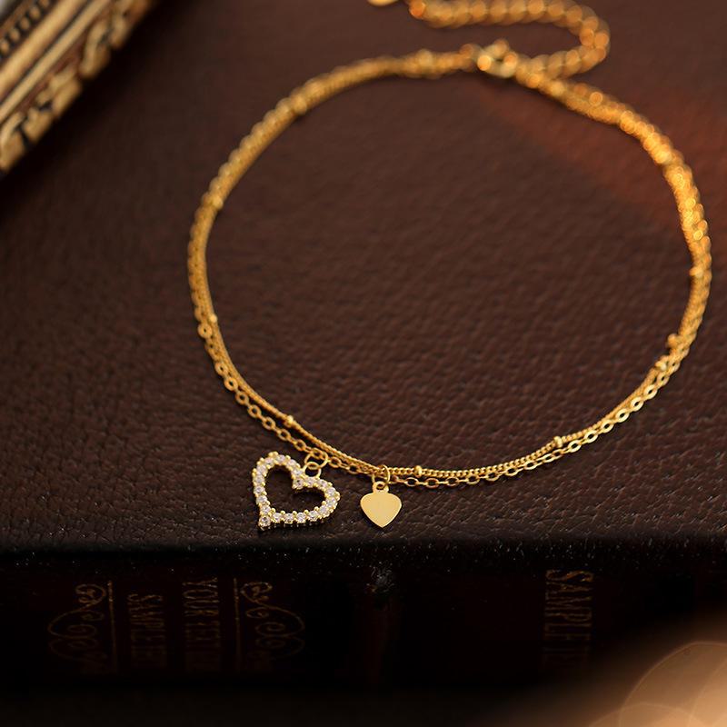 Banyan Tree S925 Silver Double Heart Anklet with Micro Diamonds - Fashion Trendy Peach Heart Anklet for Women, Spring & Summer Accessories.