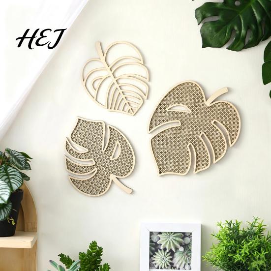 Boho Style Wall Sculpture 3Pcs Wooden Monstera Decorations, Bohemian Hanging Ornament, Hollow Tropical Gift for Housewarming Leaf Art Decor