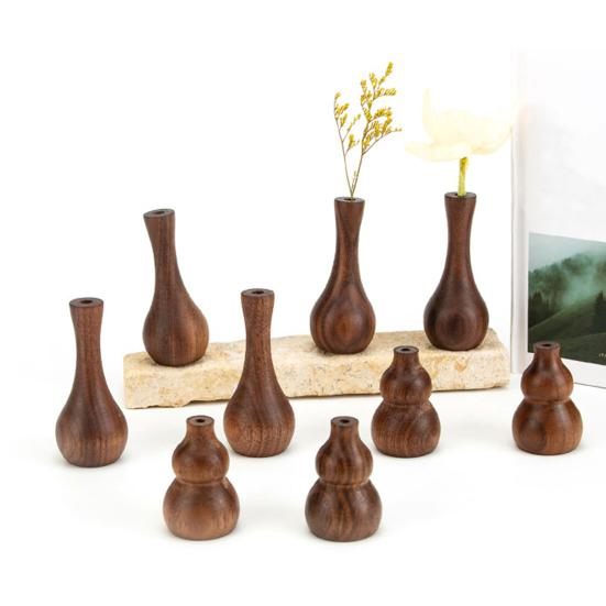 Mini Wooden Vase Natural Walnut Gourd Shape Vase Desktop Small Wood Bud Vase for Living Room Desk Shelf Home Decor