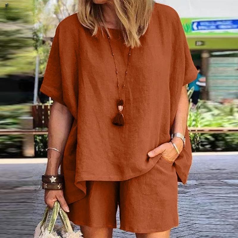 Women Casual Cotton Outfits Summer Half Sleeve T-shirt and Shorts Two Piece Suit Set
