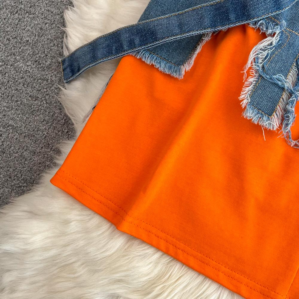 Элегантные летние женские лоскутные джинсовые рубашки, винтажные повседневные тонкие блузки, топы с поясом, женский модный пуловер, одежда, новинка