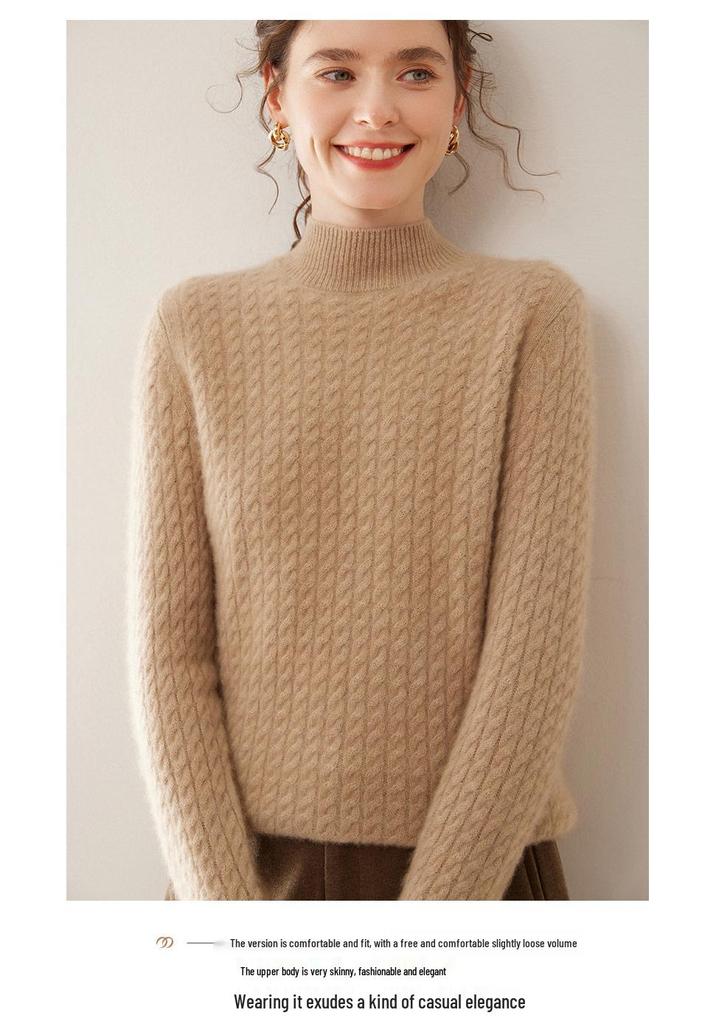 Women's Half-High Collar Cable Knit Cashmere Sweater - Korean Style Thick Pullover for Autumn and Winter