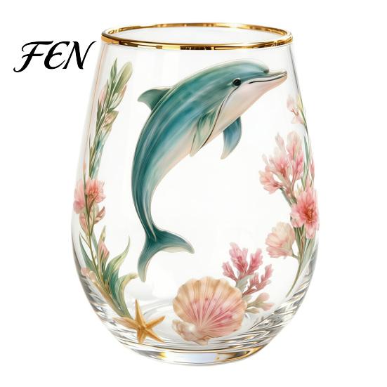 Forest Style Decorative Glass Hand Painted Tumbler, Egg Shaped Cup with Gold Rim, Clear Lead-Free Party Entertaining Glassware Mug for Tea Coffee Wine