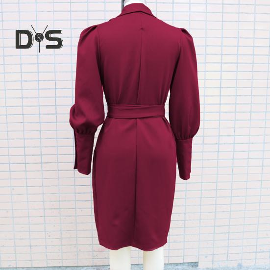 Women Formal Dress Business Style Turn-down Collar Long Sleeve Pure Color Slim Fit Lace-up Cross Cardigan Dress Spring Midi Dress OL Commuting Dress