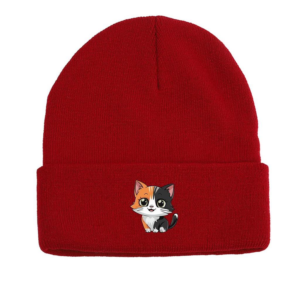 Cat Print Knitted Cap Beanie, Animal Woman Cap Lightweight Thermal Sporting Headwear Knit Hat Beanie