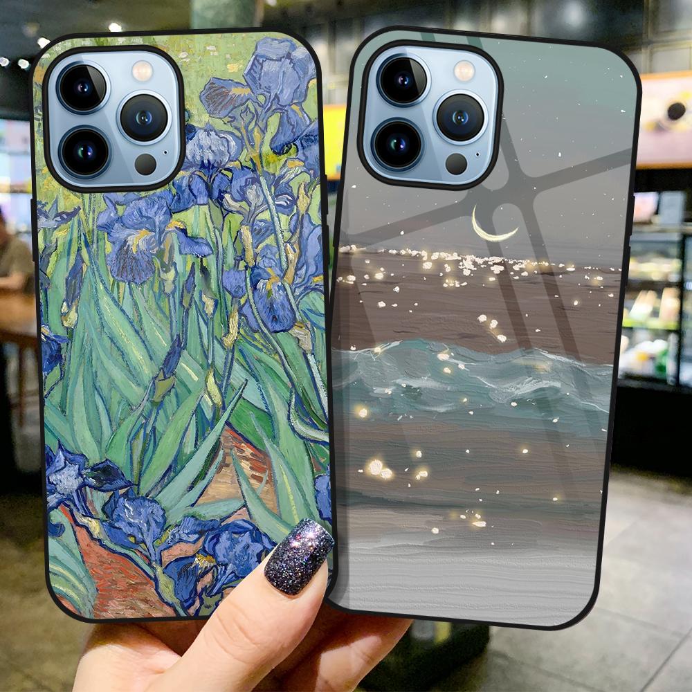 Чехол с рисунком пейзажа для Iphone 14 13 11 12pro Max Mini Xs Xr X, чехол из закаленного стекла для Iphone 7 8 6s Plus Se 2022, чехол