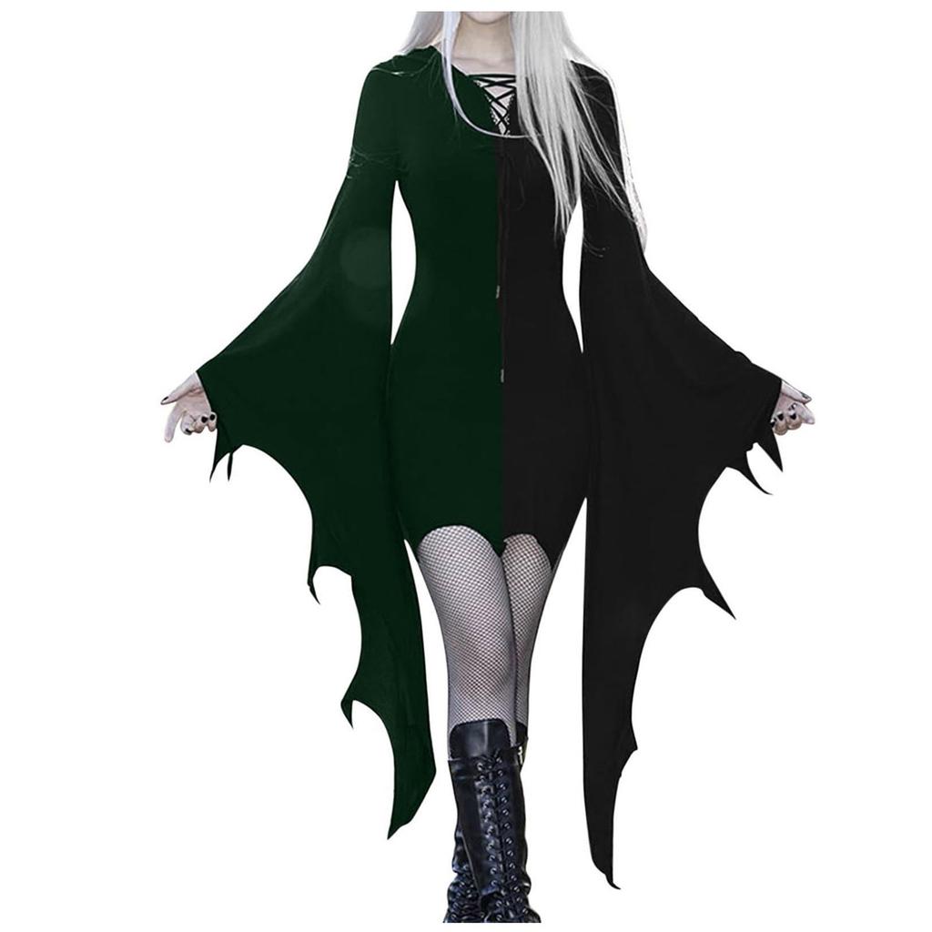 Women's Fashion Gothic Punk Patchwork Colour Wide Sleeve Strappy Dresses