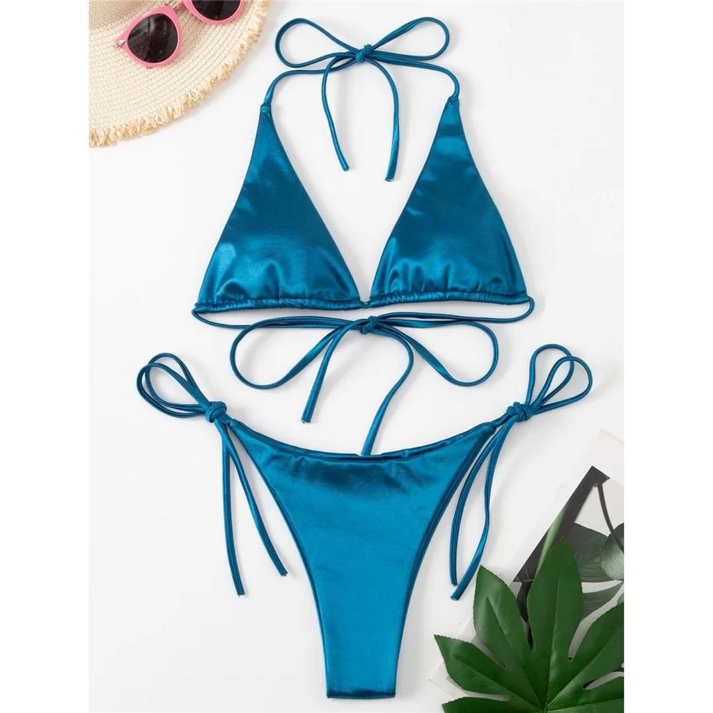 Sexy 13 Colors Halter Satin Brazilian Bikini Women Swimwear Female Swimsuit Two-pieces Bikini Set Bather Bathing Suit Swim