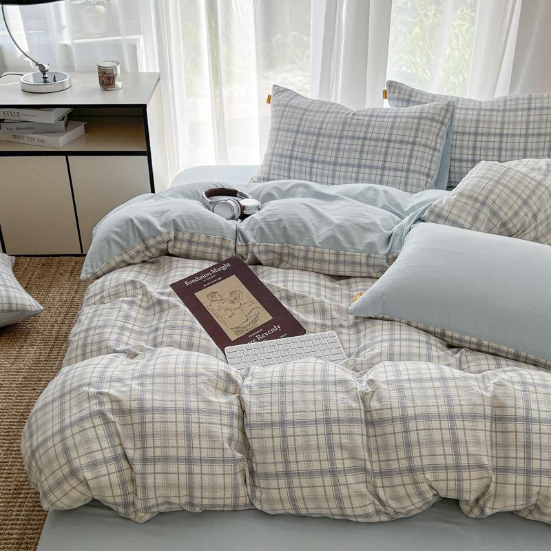 Simple retro thickened linen wrinkled yarn plaid bed four-piece set skin-friendly washed cotton quilt cover bed sheet mattress model