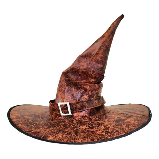Halloween Witch Hat Vintage Faux Leather Wizard Hat with Buckle Halloween Cosplay Party Costume for Men Women