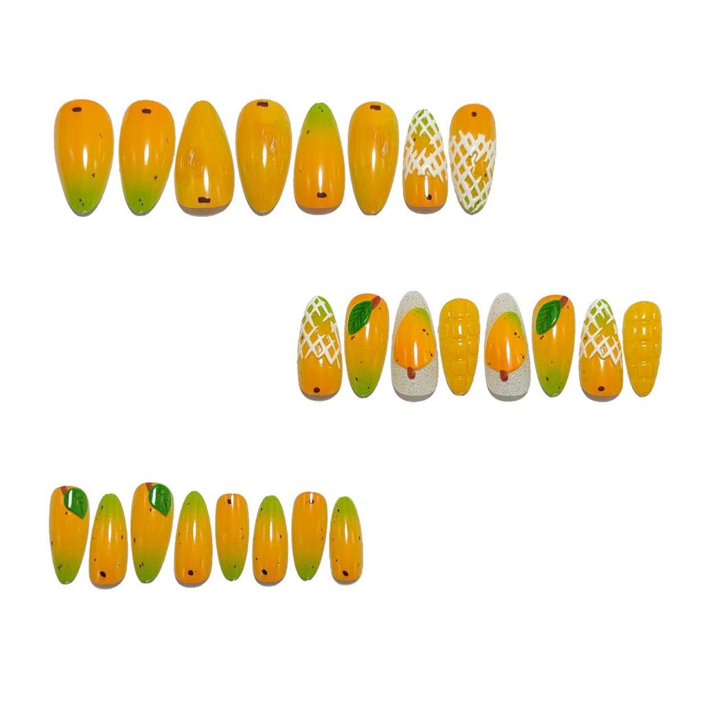 Almond-Shaped Fresh Mango Fake Nail Patches - Detachable, Wearable, Energetic Design
