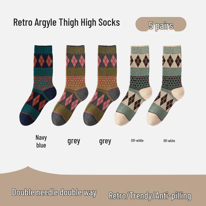 Women's Retro Argyle Mid-Calf Socks - Autumn/Winter Ethnic Style