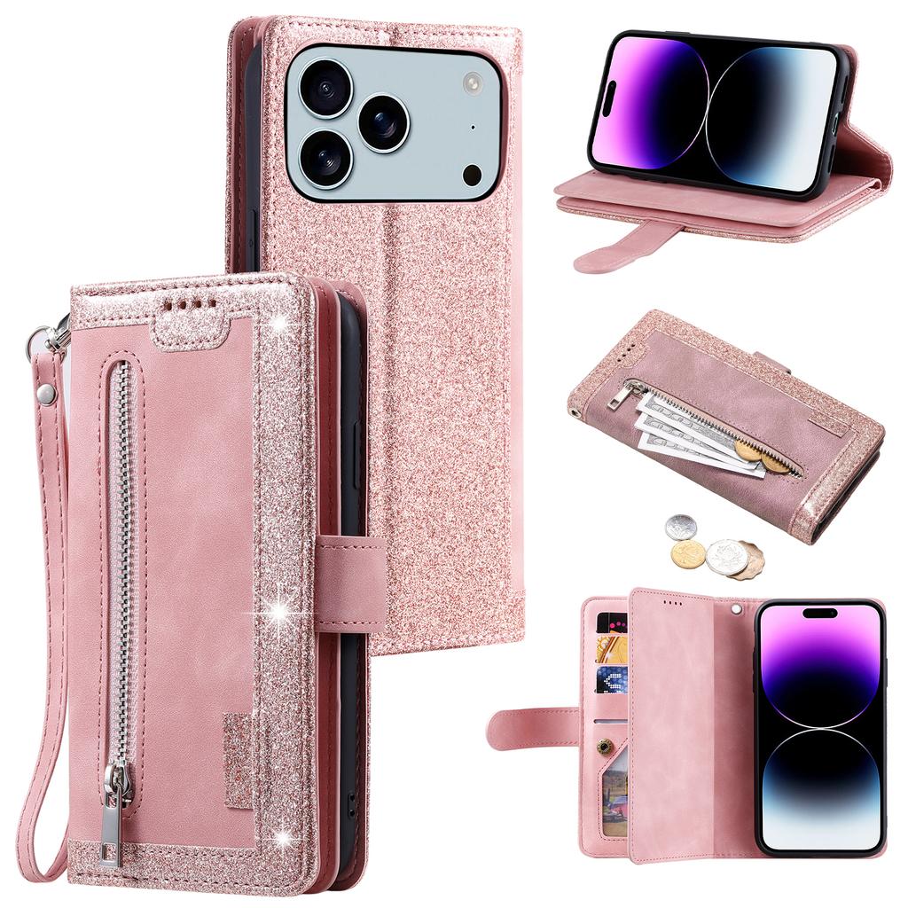 For iPhone 17 Pro Max Case 9 Card Slots Zipper Wallet PU Leather Phone Cover with Wrist Strap