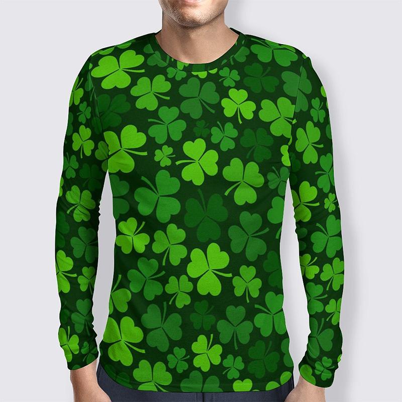 Lucky Grass Clovers 3D Graphic Tee Shirt Funny Pattern Designer Tshirt Men Autumn Fashion Casual Round Neck Long Sleeves Tee