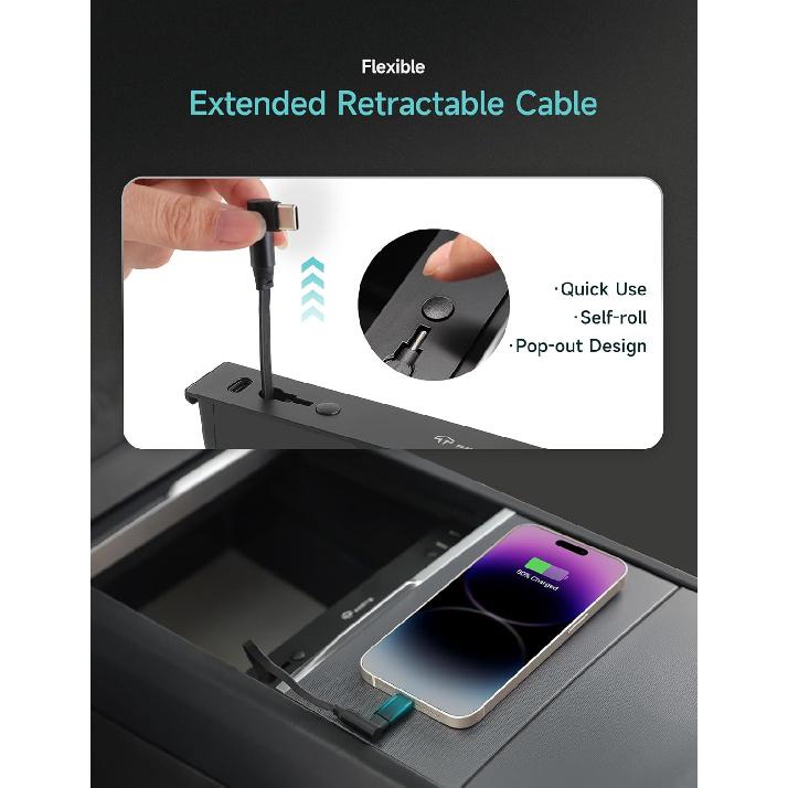 TPARTS Многопортовый USB-хаб для Tesla Model 3 Highland 2024+/Model Y Juniper 2025+, Скрытое в центральной консоли быстрое зарядное устройство с выдвижным кабелем для Model 3/Y