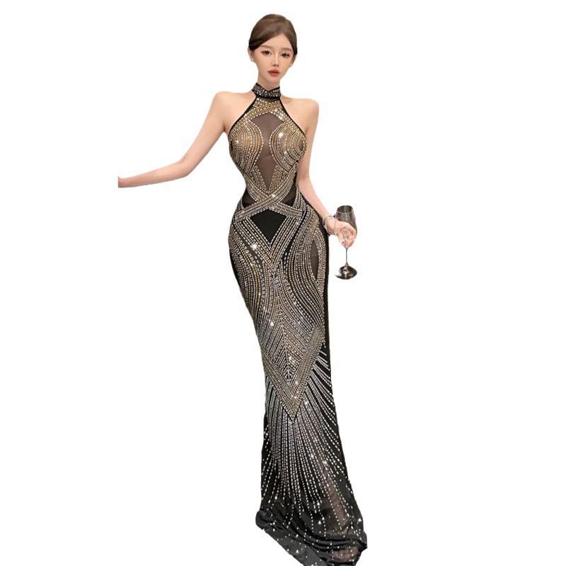 Новая женская одежда знаменитости горячее бриллиантовое перспективное платье с открытой спиной