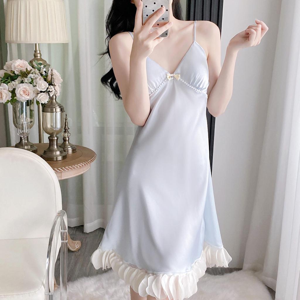 Женская пижама из ледяного шелка с V-образным вырезом и оборками 2025 - Стильная, сексуальная и универсальная для дома или выхода в свет