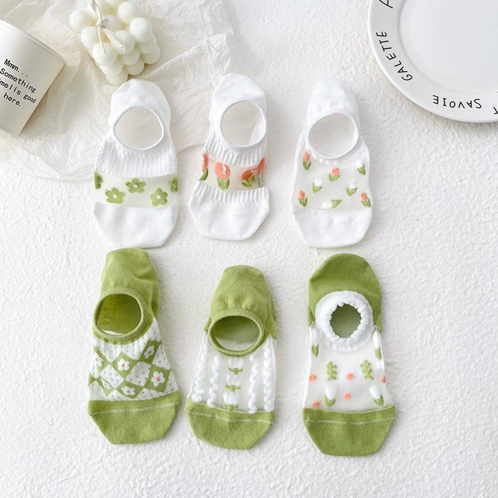 6 Pairs Women's Floral Mesh No-Show Socks Y2K Kawaii Lace Trim Breathable Ankle Socks With Harajuku Style Green Cute Boat Socks