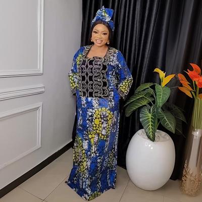 Платье из кристального сатина с принтом и стразами с головным платком - Большой размер, африканский женский длинный стиль колор-блок