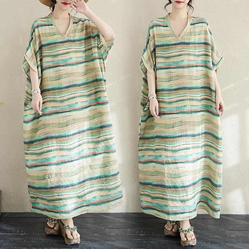 Dimanaf 2025 Женское длинное платье больших размеров Весна-лето Повседневное платье Свободное полосатое базовое хлопковое льняное винтажное макси