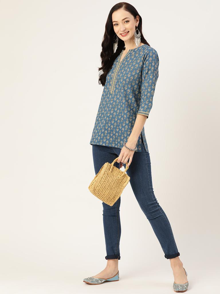 Синяя набивная хлопковая курти