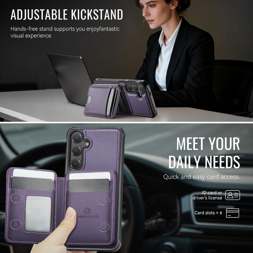 For Samsung Galaxy S24 Magnetic Case JEEHOOD J10 Leather Back Phone Cover with Detachable Card Holder Kickstand