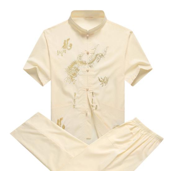 2 шт./компл., повседневный костюм среднего возраста, китайский стиль, узор дракона, воротник-стойка, короткий рукав, однобортный топ, комплект с длинными брюками с эластичной резинкой на талии