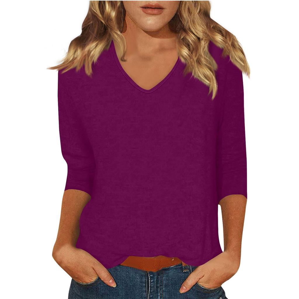 Женская модная повседневная однотонная футболка с v-образным вырезом и рукавами 3/4, топ