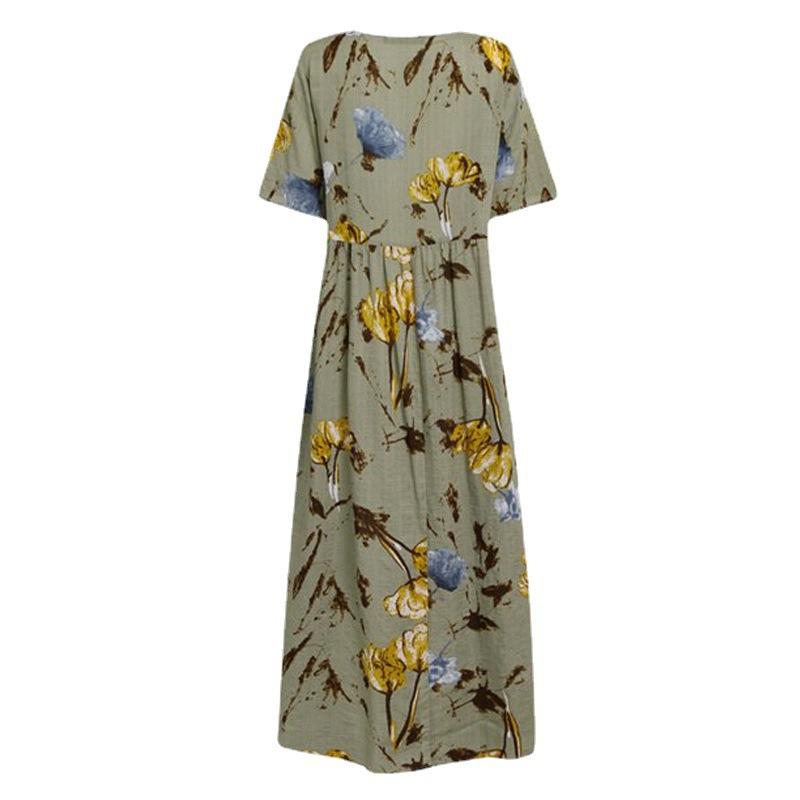 Women's Vintage Print Casual Summer Short Sleeve O-neck Thin Cotton Dresses