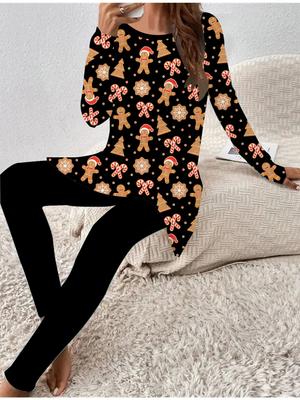 Евро-американская мода 3D Рождественский принт Женский четырехсезонный комплект из двух предметов: футболка с длинным рукавом + длинные брюки. Идеальный подарок на Новый год и Рождество