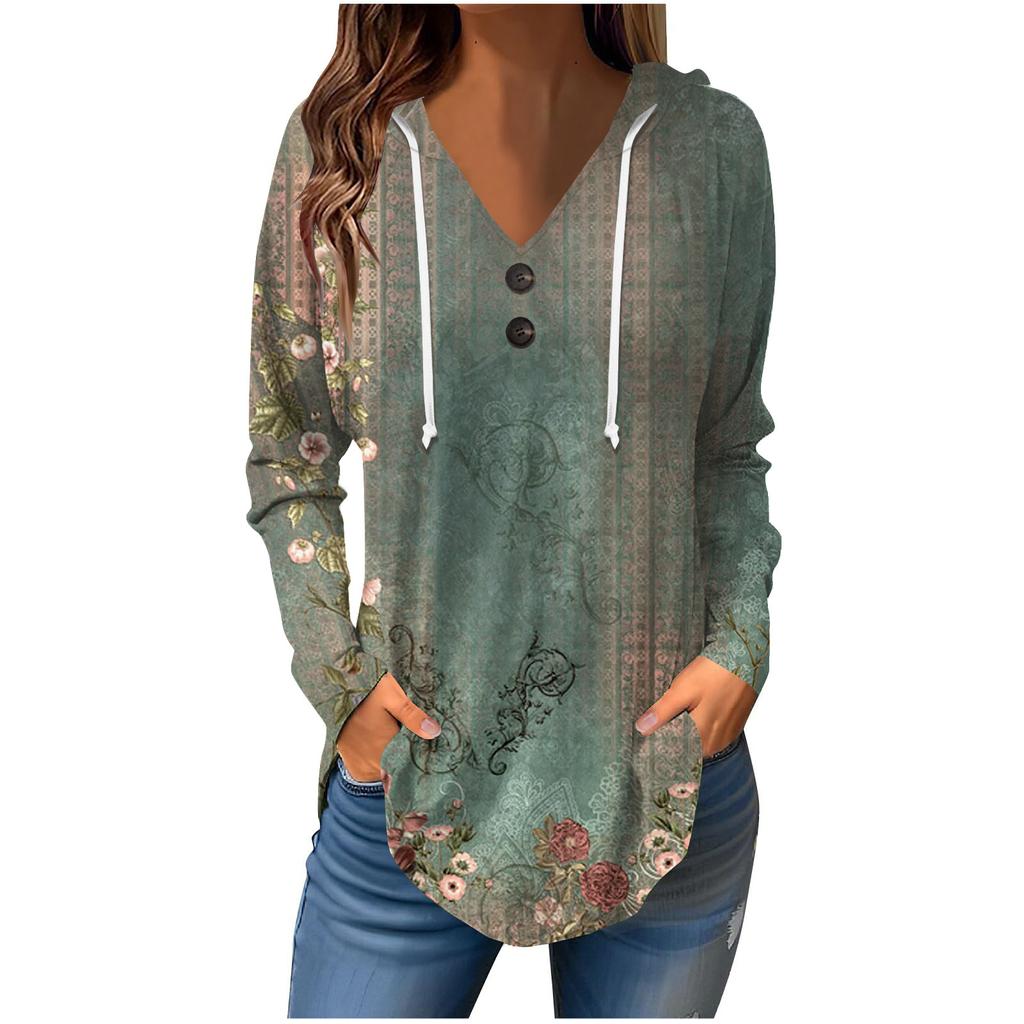 Женские повседневные модные однотонные толстовки с капюшоном на пуговицах и длинными рукавами с V-образным вырезом