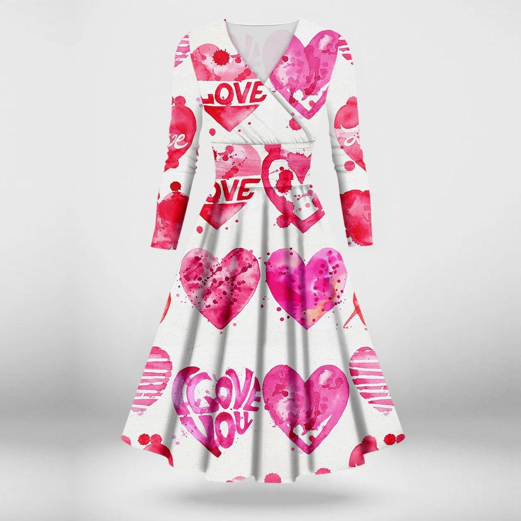 Женская мода повседневное сексуальное платье с длинным рукавом и v-образным вырезом с принтом ко Дню святого Валентина