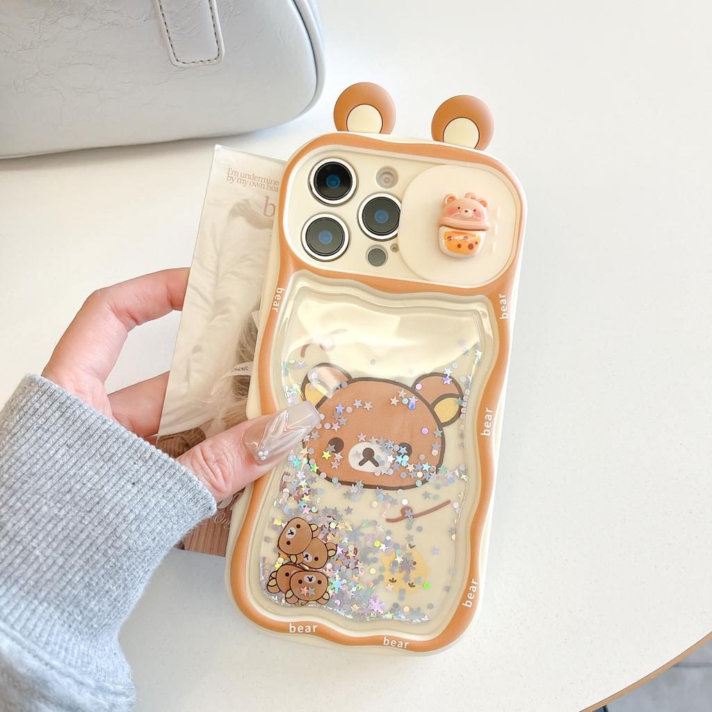 Для iPhone 11 12 13 14 15 16 17 Pro Max Блестки Ушки Рилаккума Раздвижное Окно Защита Камеры Чехол