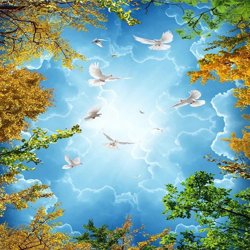 Ceiling Wallpaper 3d Blue Sky Clouds Tree Pattern Ceiling Mural Living Room Bedroom Hotel Natural Landscape Frescoes