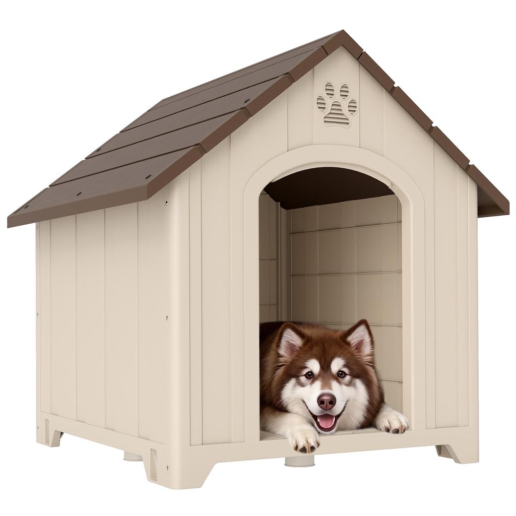 Raised Dog Kennel with Sloped Roof and Air Vents, PP, 102x94x103 cm, Beige and Dark Brown