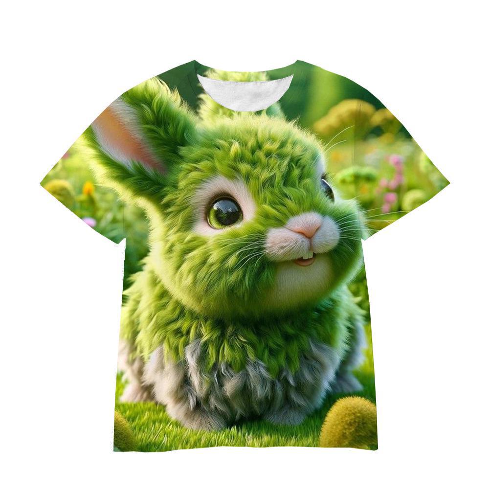 Summer Round Neck 3D Cartoon Furry Animal Print Top Fashionable Casual Short Sleeved Children's Boy and Girl Universal T-shirts